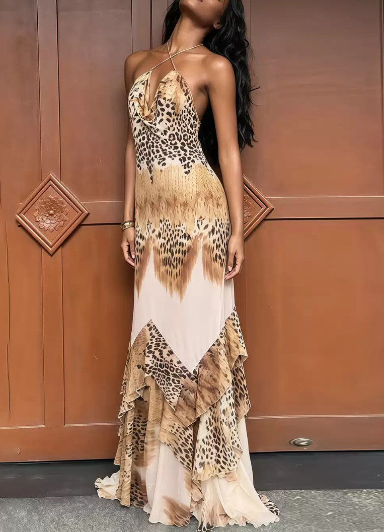 Vestido comprido de férias, largo e assimétrico, com padrão de leopardo e decote cruzado