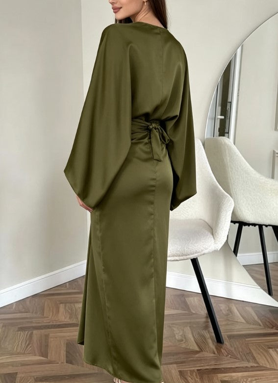 Olive Green Satin Shawl Loose Top Kink Wrap Dress Two-Piece Set