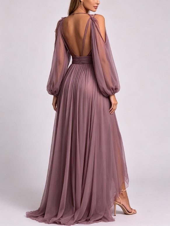 Vestido largo de noche elegante de malla, con hombros descubiertos, escote en V pronunciado, mangas abullonadas, cintura ceñida y abertura alta