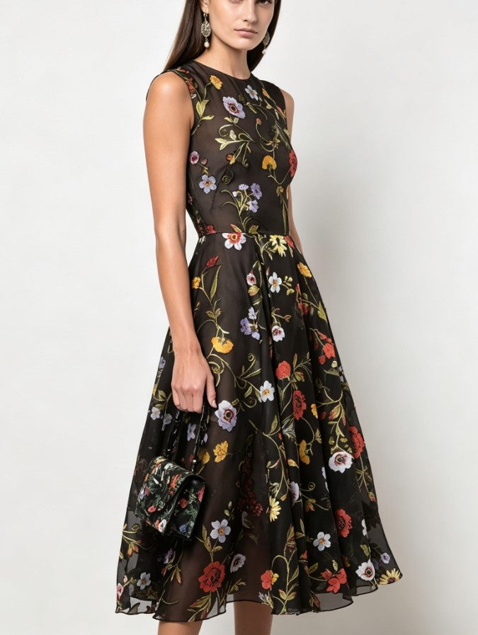 Robe trapèze noire rétro à imprimé floral, sans manches et mi-longue