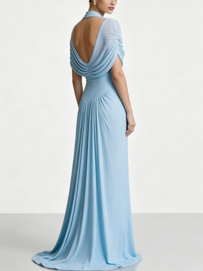 Light Blue Collar Shawl Pleated Waist Dipped Long Dress