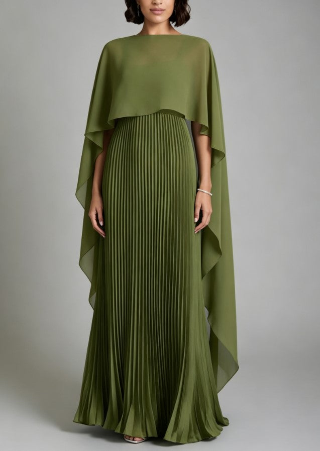 Maxivestido plisado con blusa tipo chal verde oliva