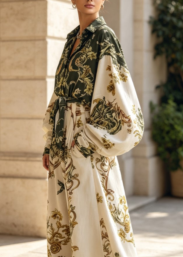 Completo vintage con camicia con cintura a stampa barocca e pantaloni a gamba larga