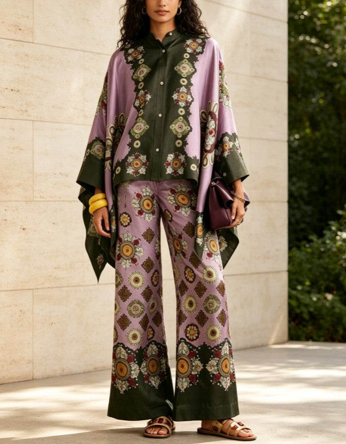 Conjunto boémio de duas peças com camisa-capa de estampado étnico e calças de perna larga