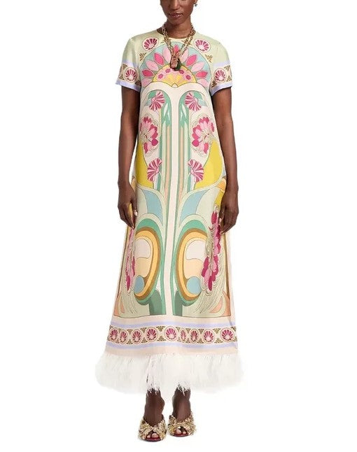 Vestido largo recto con estampado artístico retro y bajo de plumas