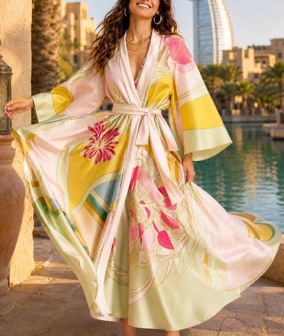Colorful Art Print V Neck Tie Bell Sleeve Satin Maxi Dress