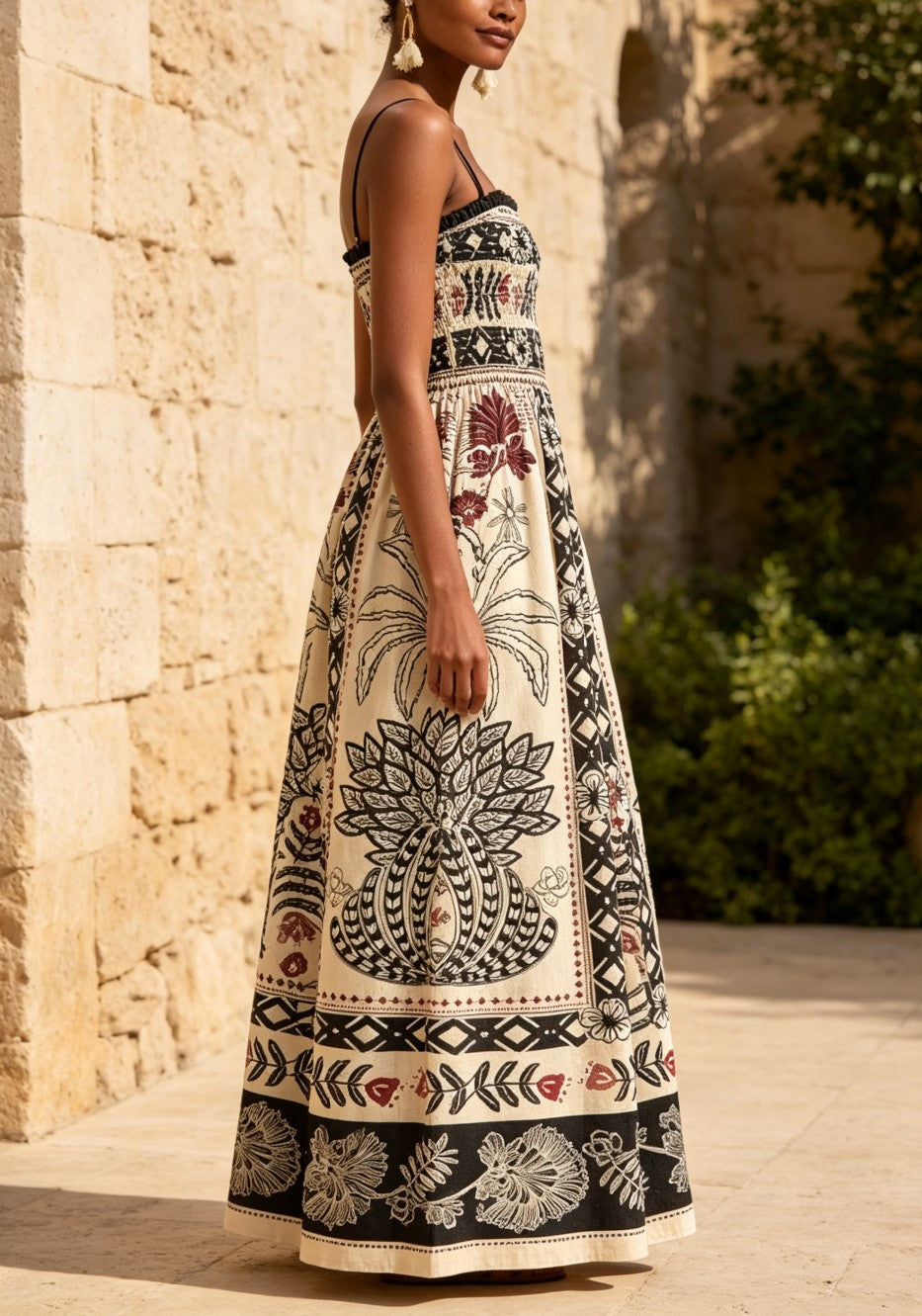 Cream Boho Ethnic Print Spaghetti Strap Smocked Waist Flared Maxi Dress