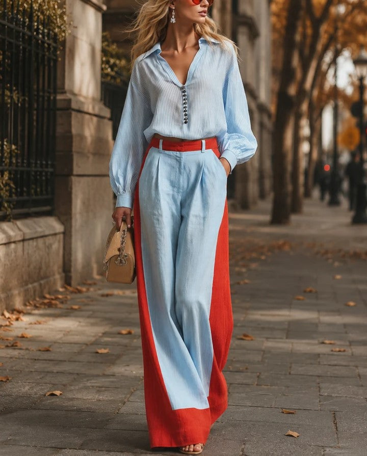 Striped Collar Half Placket Shirt Color Block Wide Leg Pants Two Piece Set