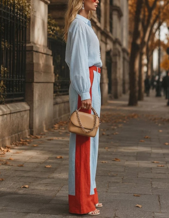 Completo a due pezzi con camicia a righe con colletto e abbottonatura parziale e pantaloni a gamba larga a blocchi di colore