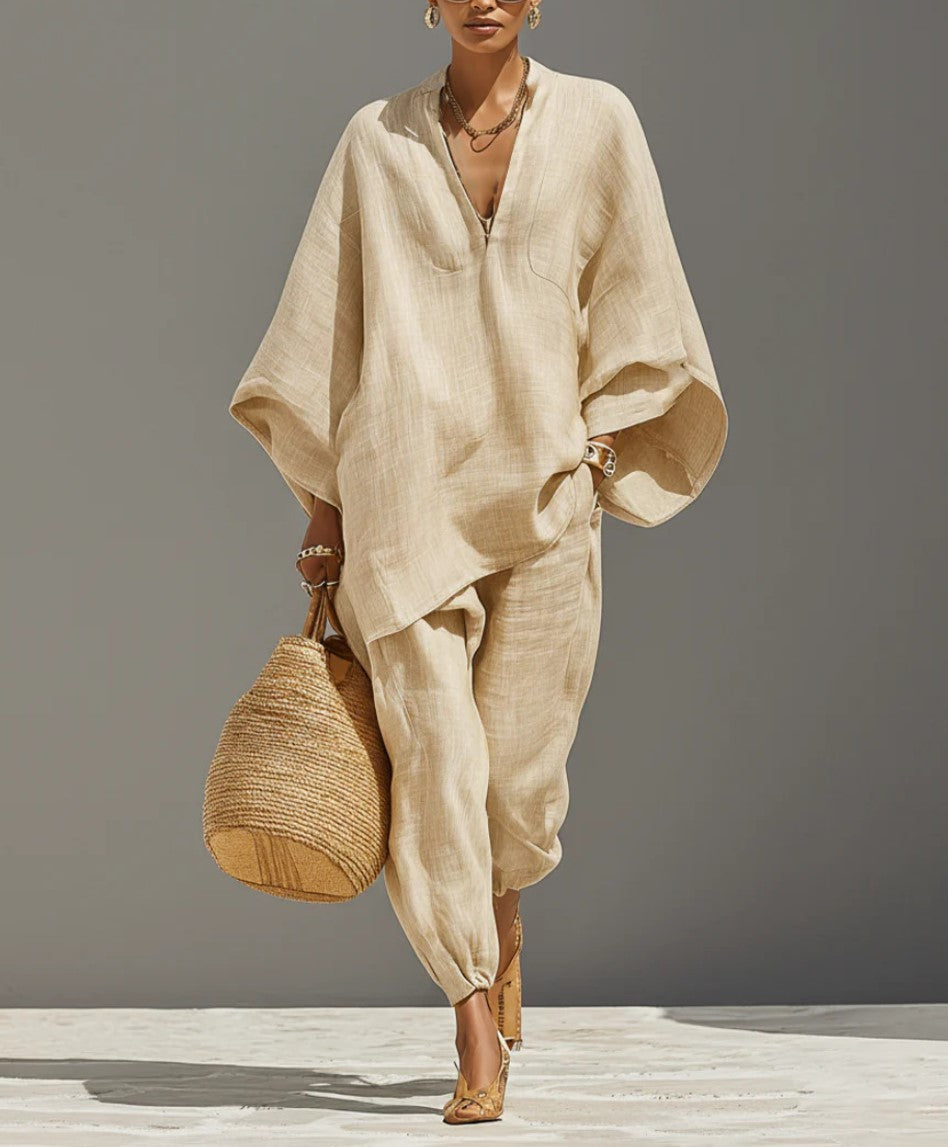 Completo a due pezzi in lino con top ampio con scollo a V, maniche a pipistrello e pantaloni jogger