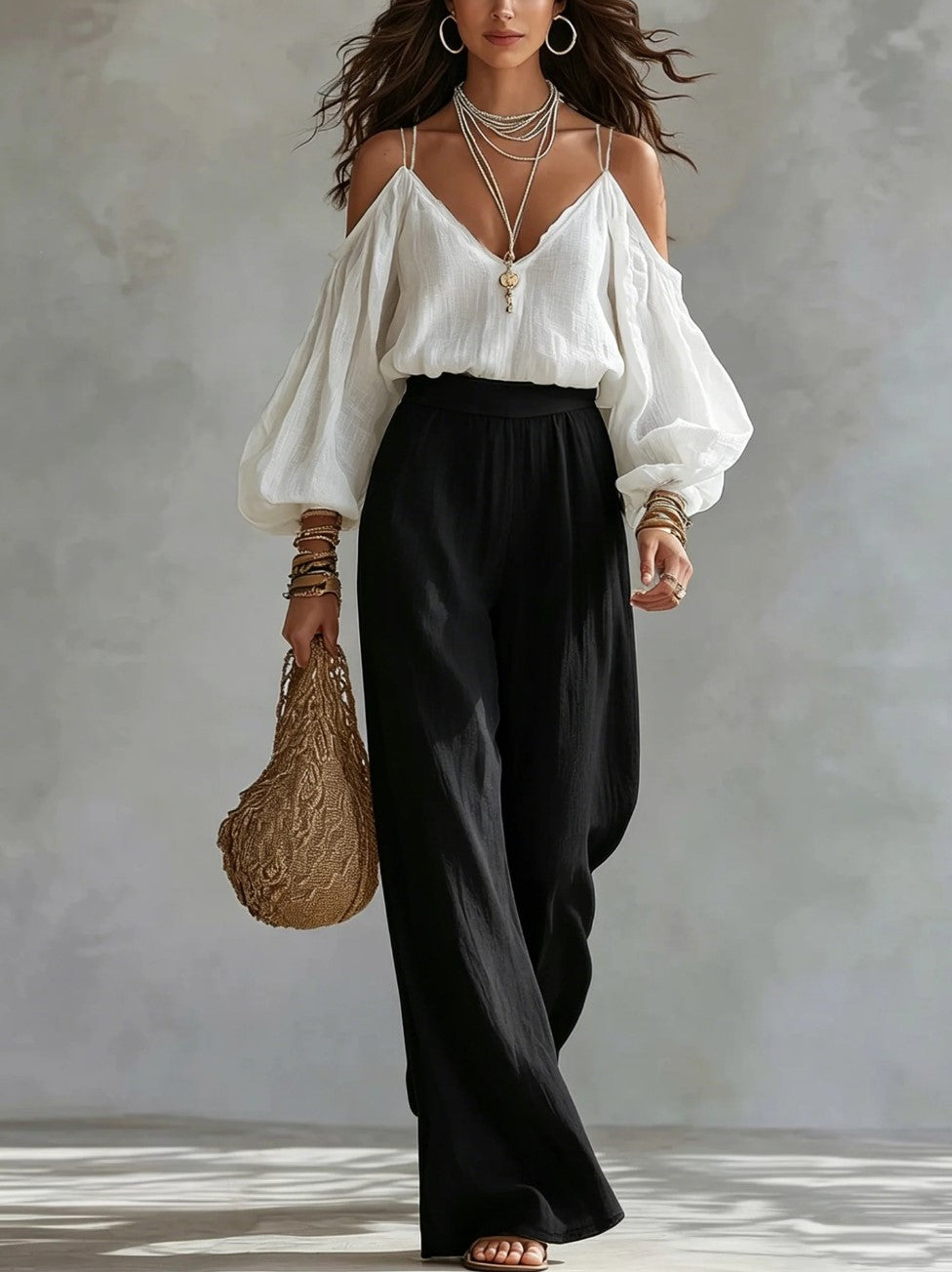 V Neck Cold Shoulder Puff Sleeve Top High Waist Wide Leg Pants Two Piece Set