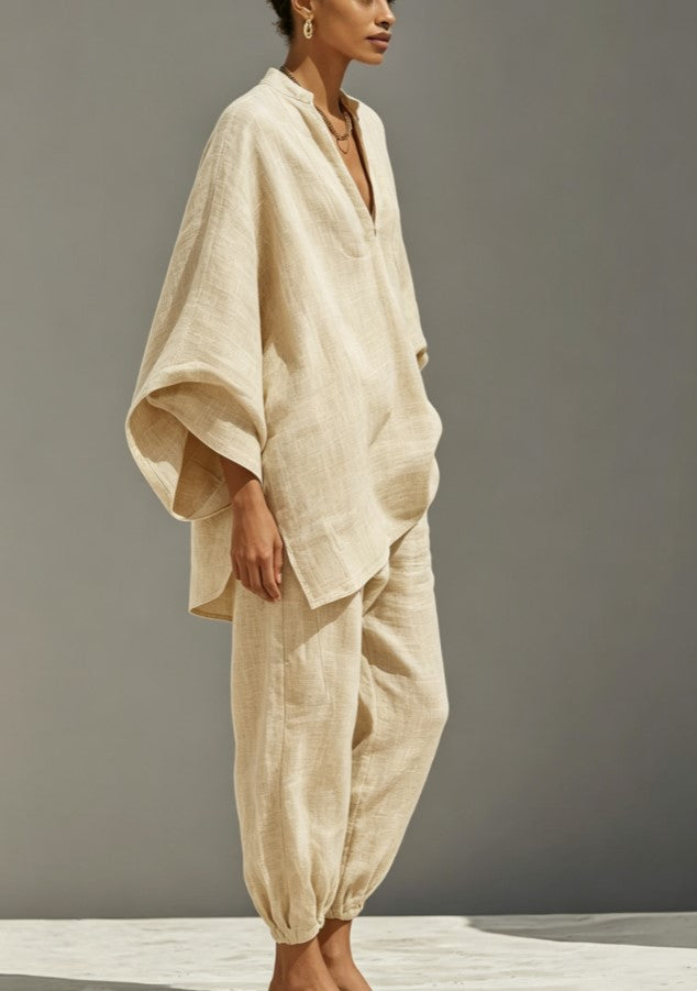 Completo a due pezzi in lino con top ampio con scollo a V, maniche a pipistrello e pantaloni jogger
