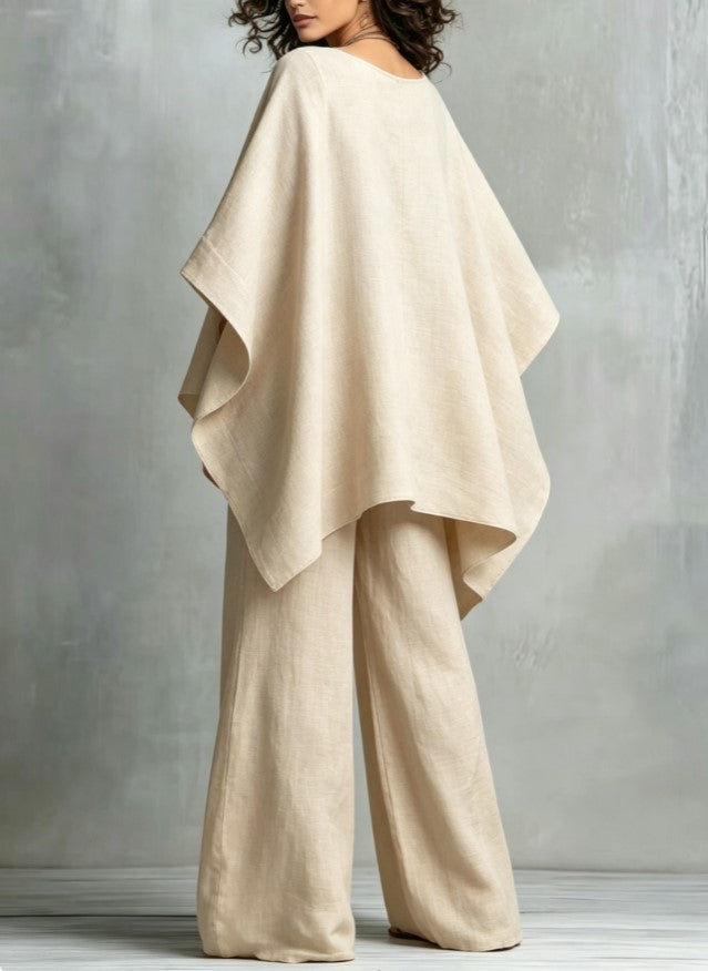 V Neck Loose Cape Top Wide Leg Trousers Two Piece Set