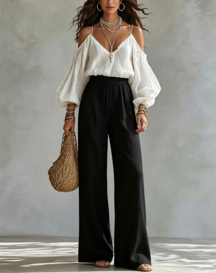V Neck Cold Shoulder Puff Sleeve Top High Waist Wide Leg Pants Two Piece Set