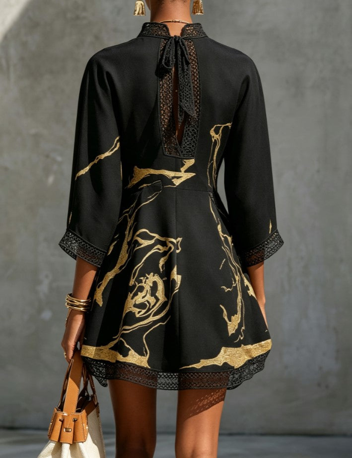 Stand Collar V Neck Lace Trim Gold Abstract Print Loose Mini Dress