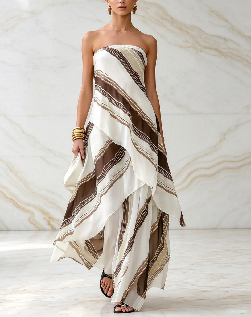 Vestido comprido fluido às riscas castanhas e brancas