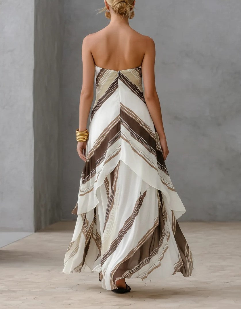 Vestido comprido fluido às riscas castanhas e brancas
