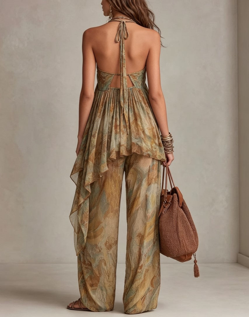 Conjunto de top halter y pantalones de pierna ancha con estampado bohemio
