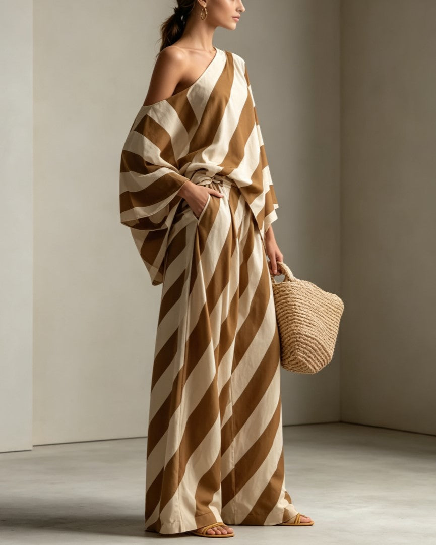 Diagonal Stripe One Shoulder Top Wide Leg Pants Set