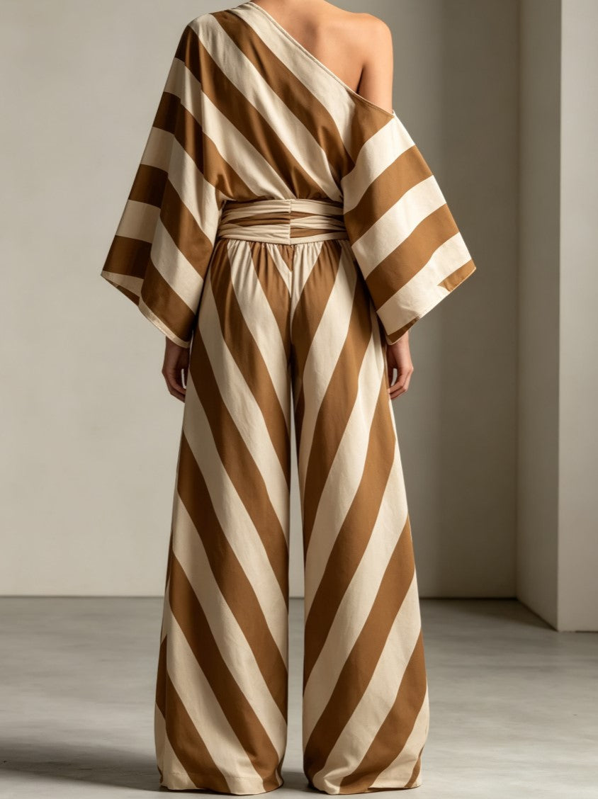 Diagonal Stripe One Shoulder Top Wide Leg Pants Set