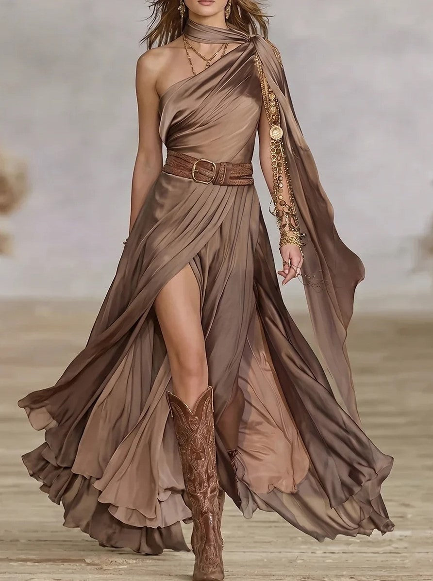 One Shoulder Draped High Slit Satin Maxi Dress
