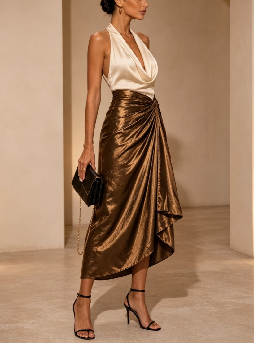 Vestido midi de satén bicolor con cuello halter y escote drapeado