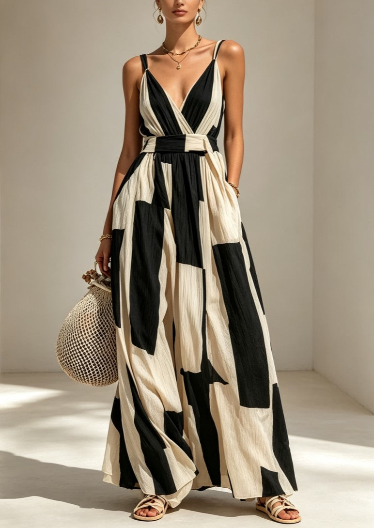 Vestido maxi envelope às riscas, com alças finas e decote em V