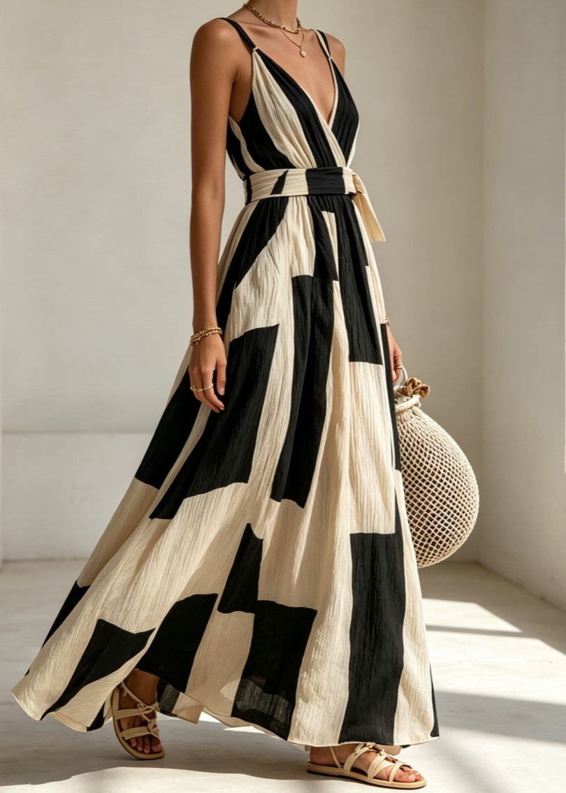Vestido maxi envelope às riscas, com alças finas e decote em V