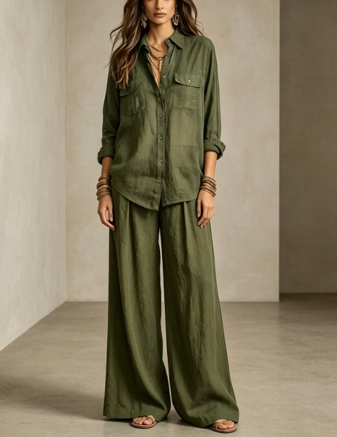 Conjunto de dos piezas de camisa oliva con bolsillos y pantalones de pierna ancha