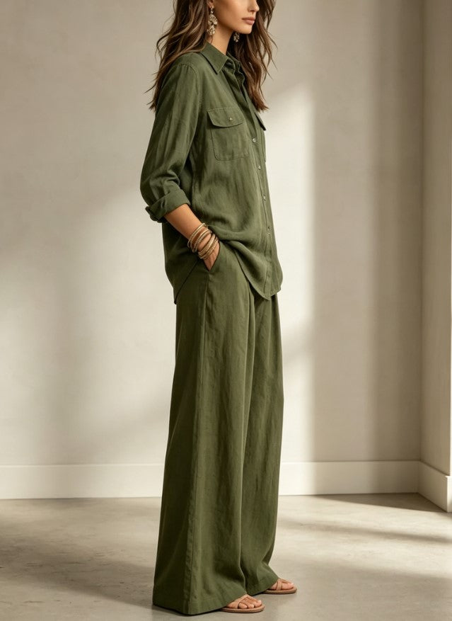 Conjunto de dos piezas de camisa oliva con bolsillos y pantalones de pierna ancha
