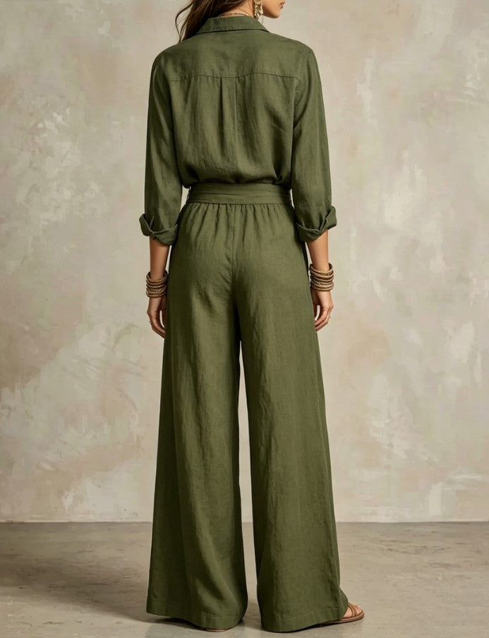 Conjunto de dos piezas de camisa oliva con bolsillos y pantalones de pierna ancha
