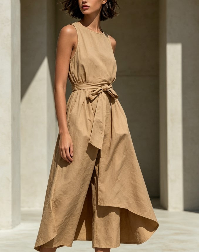Sleeveless Belted Layered Midi Jumpsuit Dress