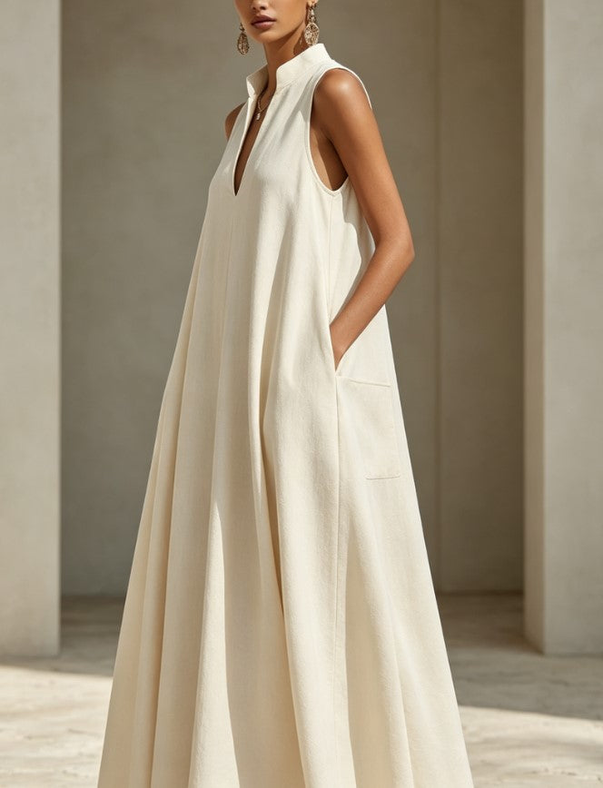 Vestido largo holgado de lino sin mangas, con cuello mao y abertura