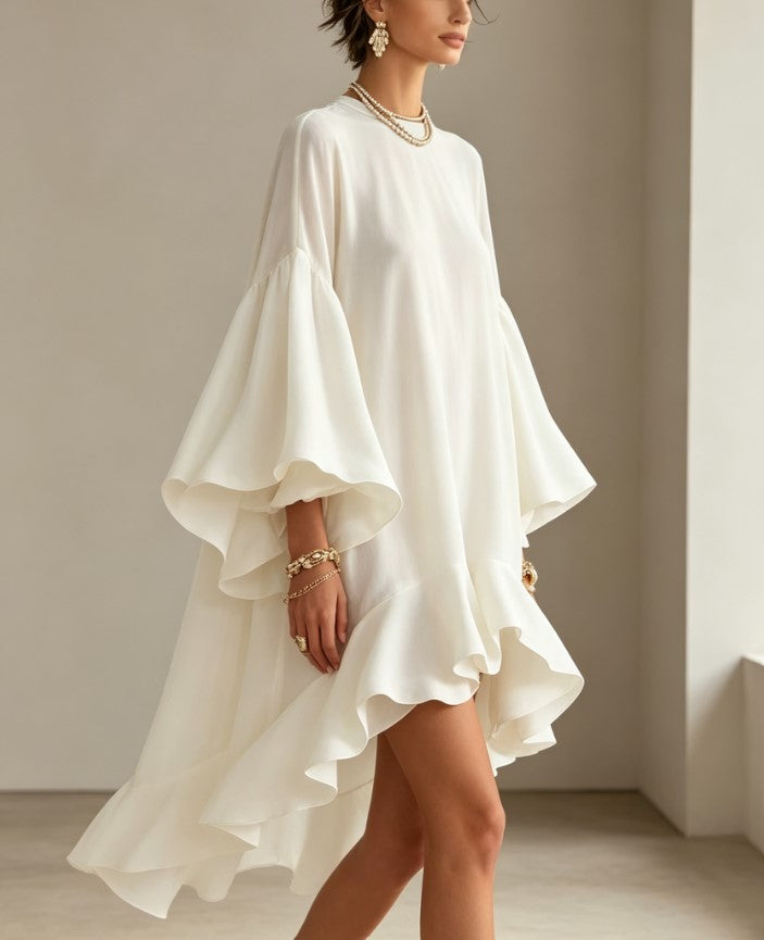 Bell Sleeve High Low Ruffle Tunic Mini Dress