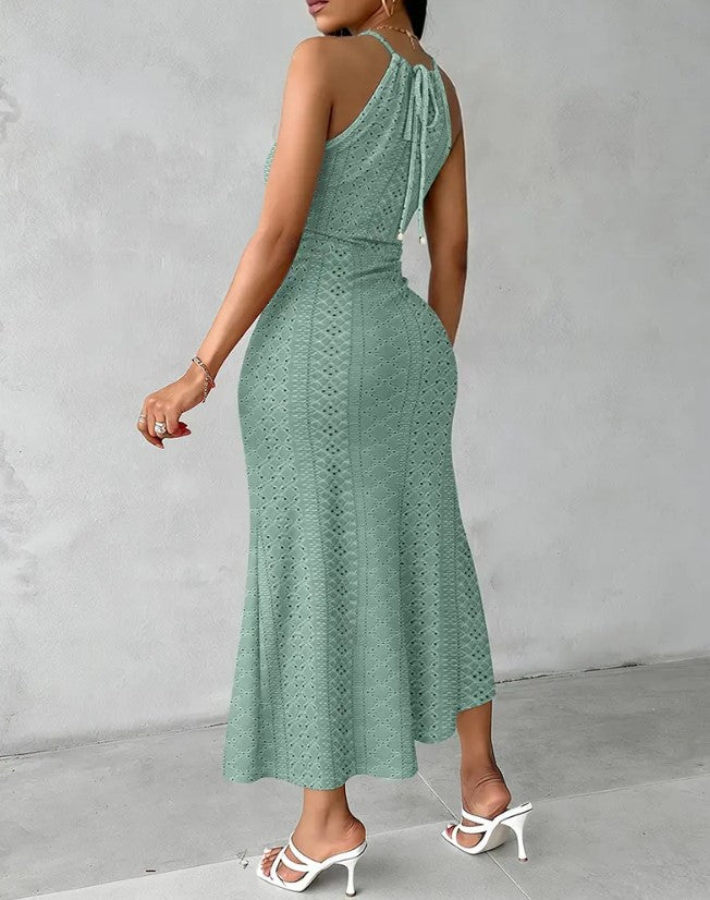 Halter Neck Crochet Lace Twist Front Slit Midi Dress