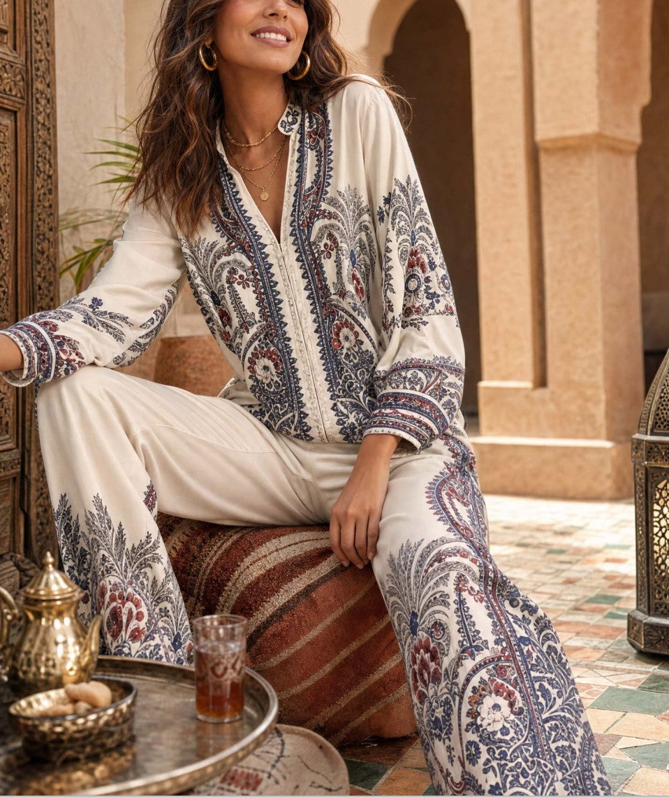 Bohemian Print Long Sleeve Top Wide Leg Pants Set Vacation Two Piece Outfit
