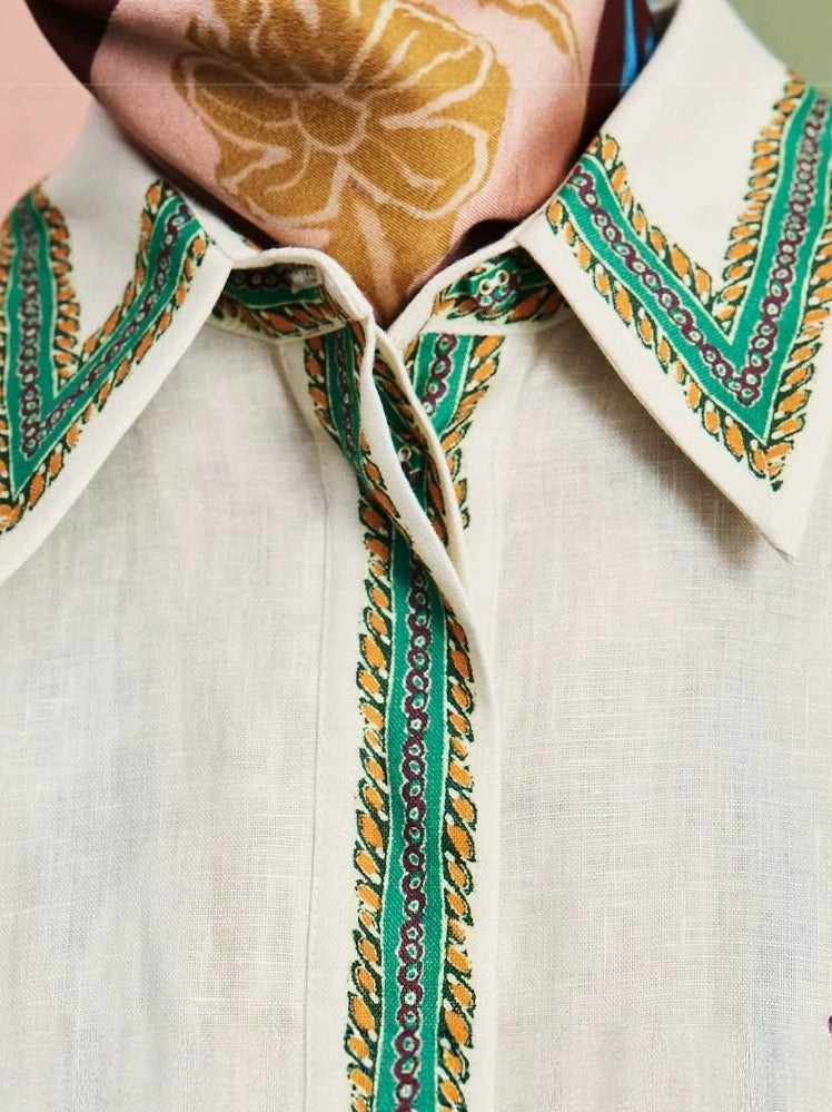 Abito chemisier midi vintage a fiori con colletto, cintura e maniche a 3/4, stile bohémien
