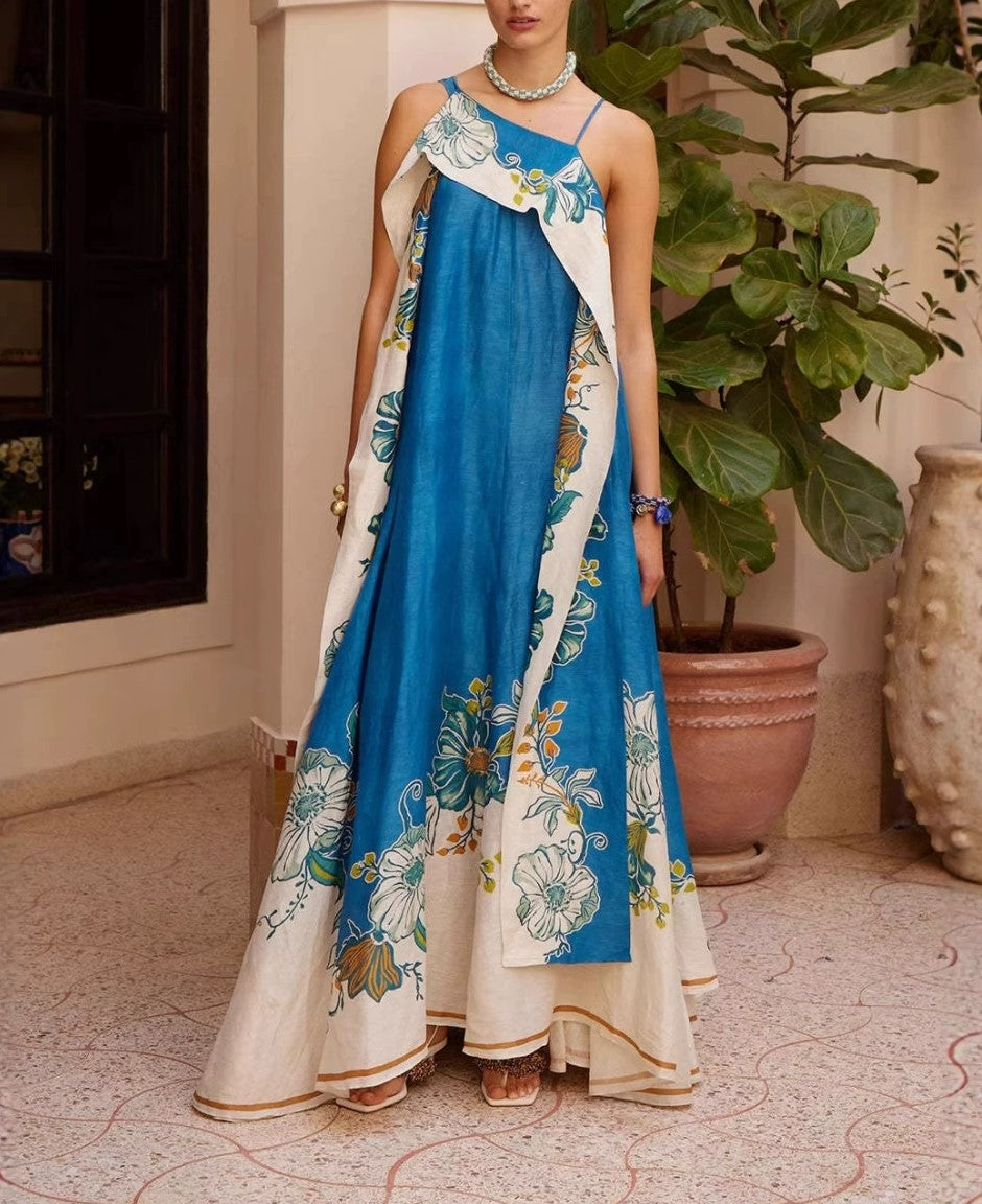 Asymmetric Strap Floral Print Maxi Dress Ruffled Trim Boho Vacation Maxi Dress