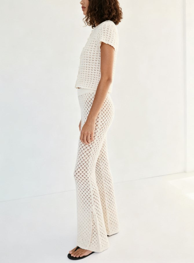 White Crochet Knit Two‑Piece Set Women Short Sleeve Top & Flare Pants Outfit