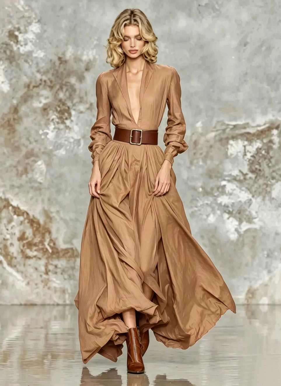 Deep V Lapel Belted Maxi Dress Women Long Sleeve Pleated Flowy Evening Dress
