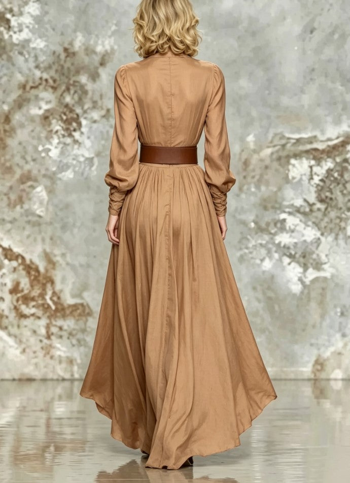 Deep V Lapel Belted Maxi Dress Women Long Sleeve Pleated Flowy Evening Dress