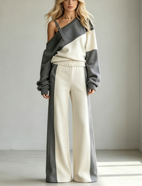 Color‑Block Off‑Shoulder Sweatshirt & Wide Leg Pants Set Women Casual Two‑Piece Outfit