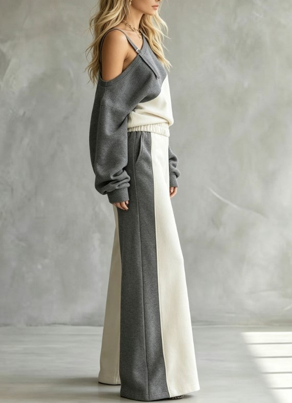Conjunto casual de duas peças para mulher, com sweatshirt e calças de perna larga em blocos de cor