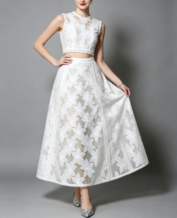 Floral Lace Sleeveless Crop Top & Midi Skirt Two‑Piece Formal Outfit