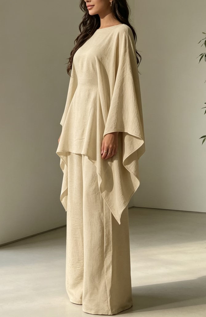 Loose Cape Sleeve Tunic Top & Wide Leg Pants Two‑Piece Set