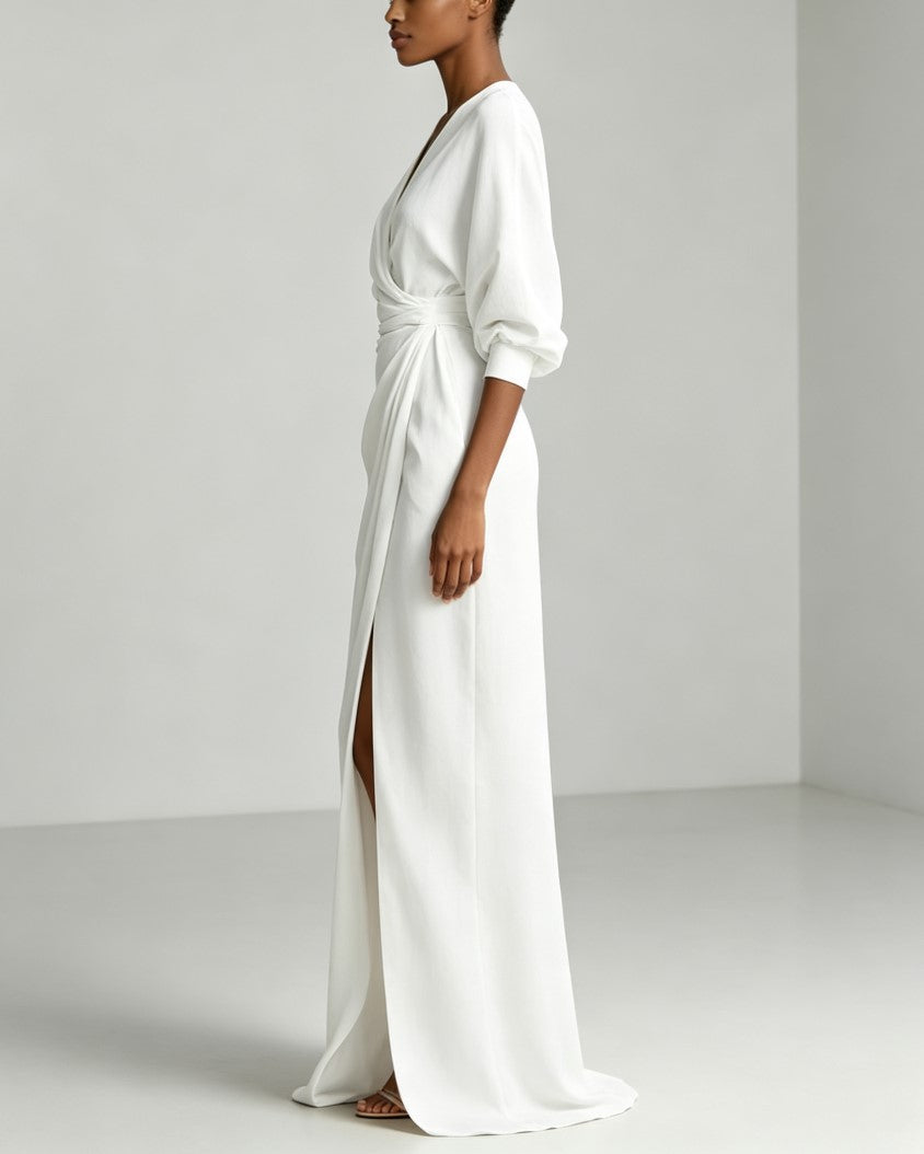 White V‑Neck Batwing Sleeve Wrap Split Maxi Evening Dress With Pockets