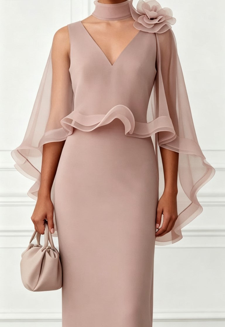 Pink 3D Flower Cape Sleeve Maxi Formal Evening Gown
