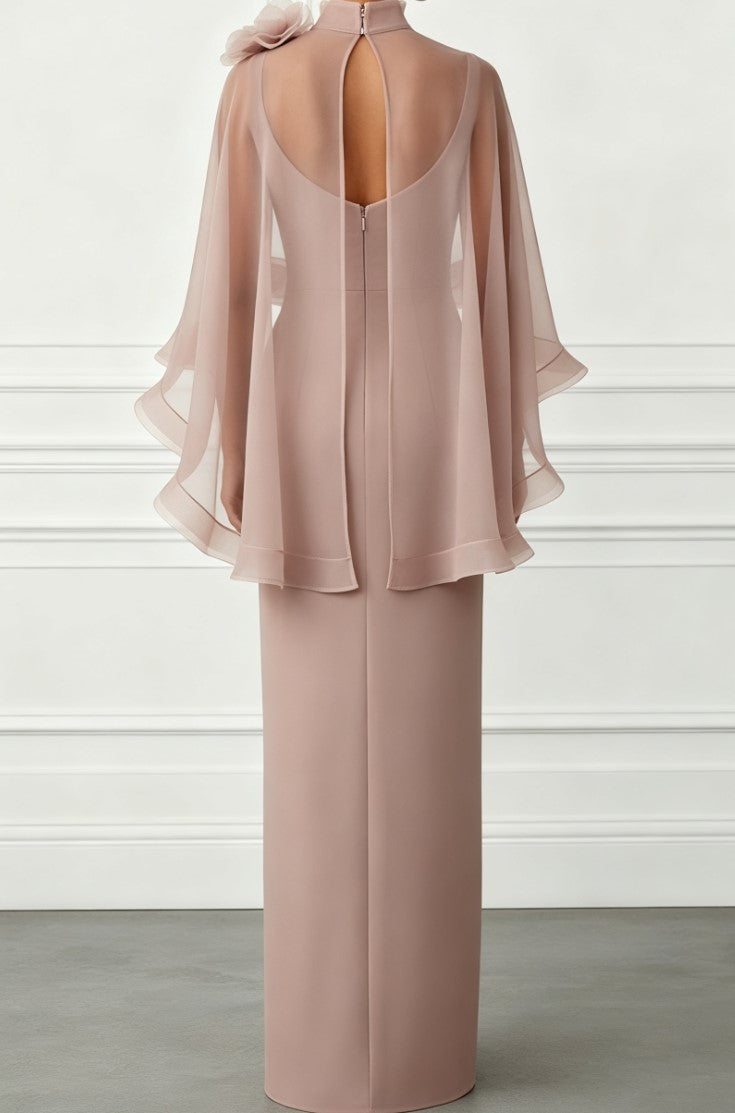 Pink 3D Flower Cape Sleeve Maxi Formal Evening Gown