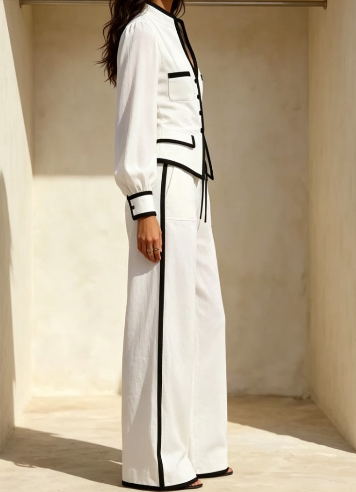Black Trim White Linen Two Piece Set, Puff Sleeve Blazer Top & Wide Leg Pants Outfit