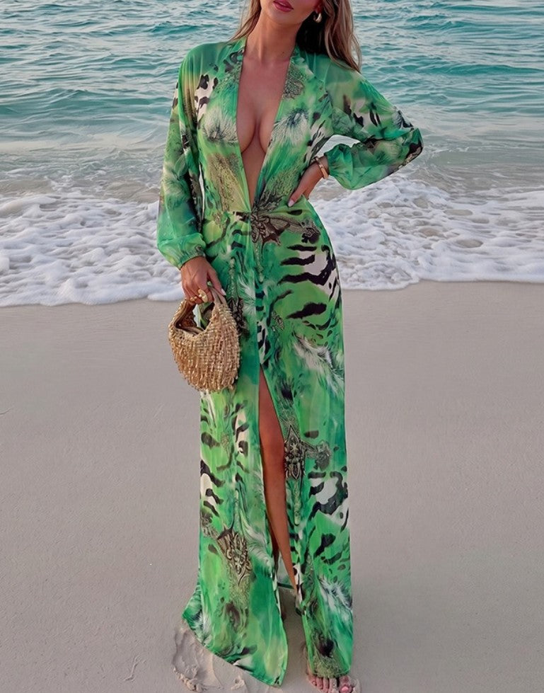 Deep V Long Sleeve Animal Print Maxi Dress High Slit Beach Vacation Cover‑Up Dress